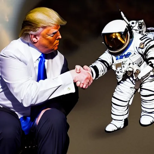 Image similar to donald trump shaking hands with astronaut cat