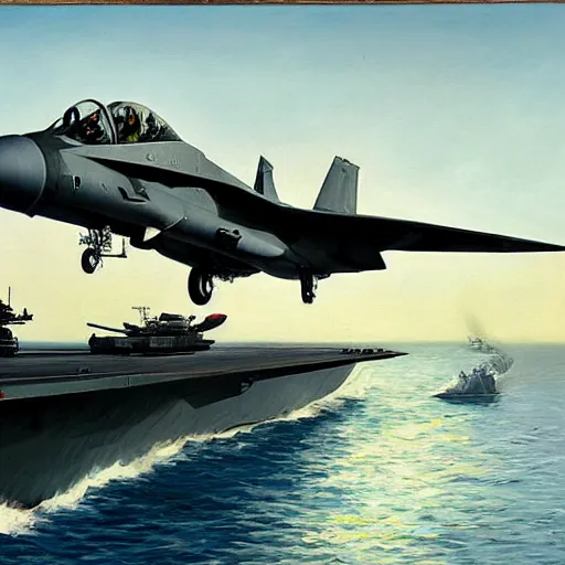 Prompt: oil painting man climbing into fighter jet on aircraft carrier at sea