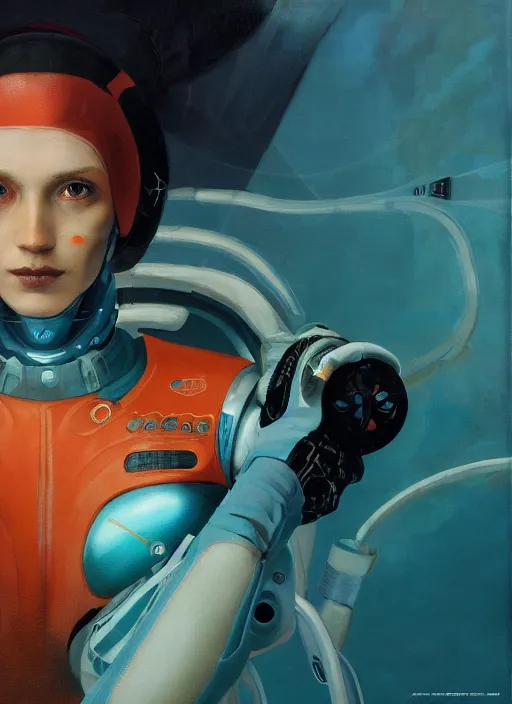 Prompt: symmetry!!! closeup portrait! of a racer girl, cyborg jumpsuit, in clouds, cinematic light, windy, teal orange, by gerald brom, by mikhail vrubel, by peter elson, muted colors, extreme detail, trending on artstation, 8 k