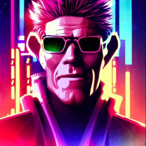 Prompt: willam dafoe as the main character of a cyberpunk anime in the style of bladerunner by wlop and greg rutkowsky