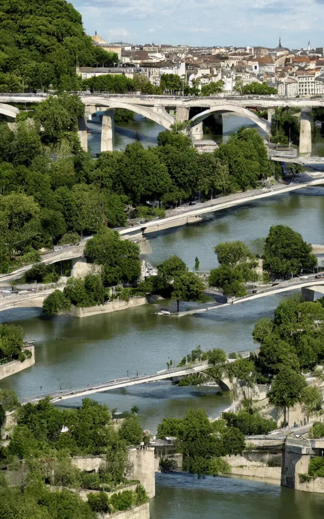 Prompt: pont d'aquitaine in bordeaux turned into paradisiac jungle, photorealistic, artistic, epic