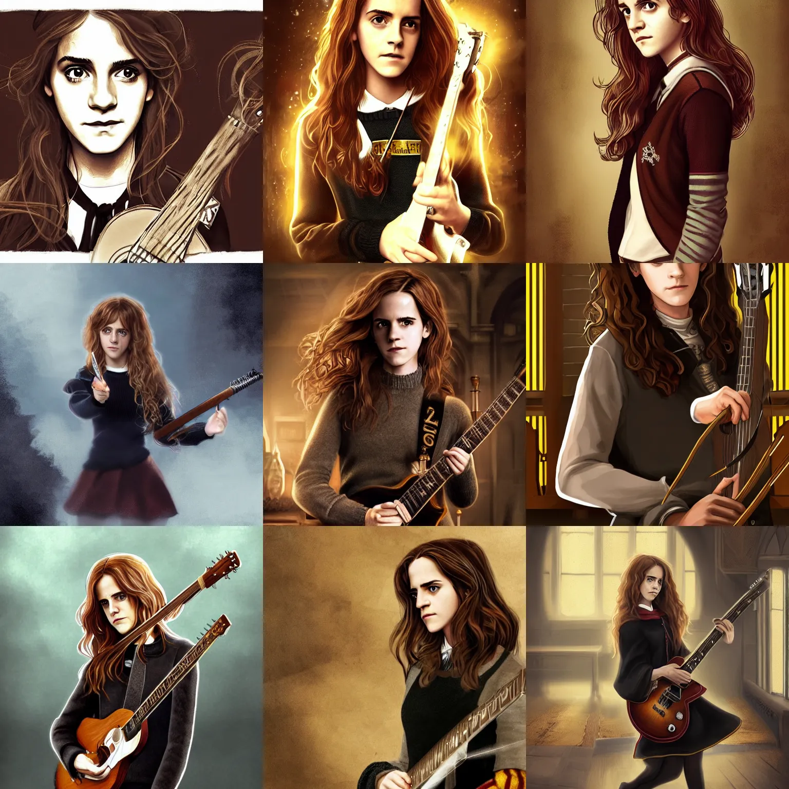Prompt: Hermione Granger/Emma Watson wearing a black sweater, playing a guitar, in the Gryffindor common room, steampunk digital art, trending on ArtStation