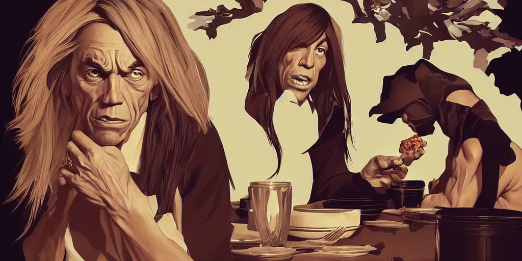 Image similar to iggy pop eating dinner, character sheet, character design, contrast, deep focus, turnaround, highly detailed, dramatic lighting, digital painting, artstation, concept art, matte, sharp focus, illustration, elegant, art by artgerm and greg f and alphonse mucha.