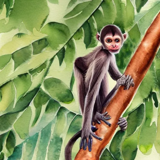 Prompt: A realistic watercolour painting of a baby spider monkey in a tree, fine detail, washed out background