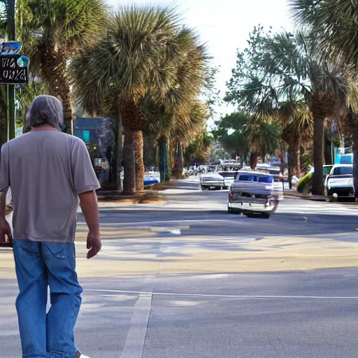 Prompt: bigfoot walking down the street in downtown Pensacola Florida