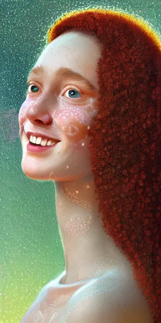 Image similar to a totally amazed smiling young woman surrounded by golden firefly lights in a mesmerizing scene, sitting amidst nature fully covered! intricate detailed dress, long loose red hair, precise linework, accurate green eyes, small nose with freckles, beautiful smooth oval head, expressive emotions, hyper realistic ultrafine portrait by artemisia gentileschi, jessica rossier, boris vallejo
