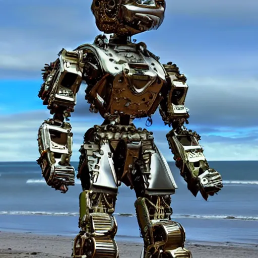 Image similar to bipedal humanoid robot invading omaha beach, hyper realistic, 4 k, highly ornate intricate details, sharp image, incredible detail,