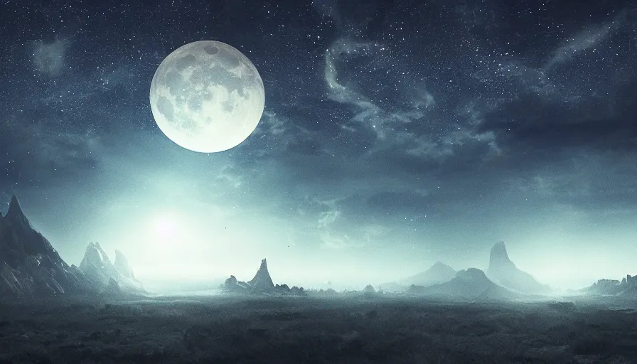 Image similar to a beautiful landscape at night, big moon and stars in the sky, matte painting, dark blue tones, concept art, 4k