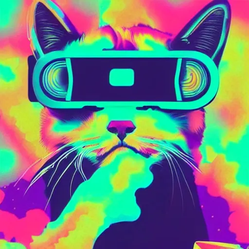 Prompt: vaporwave color scheme, cat wearing a vr headset, vaporwave poster illustration, artstation trending, pinterest