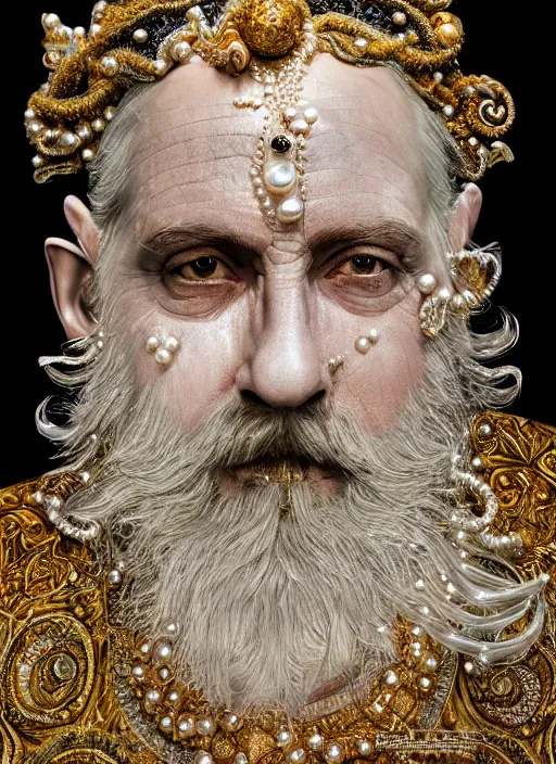 Prompt: hyperrealism, detailed textures, award winning autochrome photo, symetrical old bearded man pearl medusa king autochrome pearl portrait, pearl silverplate, intricate, detailed facial pearl animal mask, pearl, golden jewelery, silverplate, ultra realistic, cinematic, intricate, cinematic light by steve mccurry, unreal engine 8 k