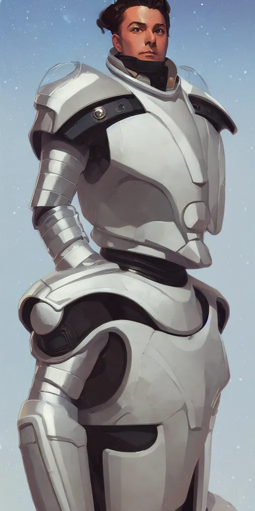 Image similar to a man with a futuristic white space armor, in the style of studio ghibli, j. c. leyendecker, greg rutkowski, artem