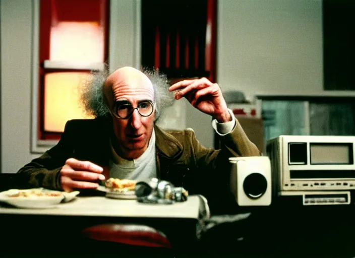 Image similar to a scene from 1 9 8 2 the thing larry david eating a sandwich, vhs distortion, cathode ray tube distortion, folk horror, hauntology, 8 k, 8 5 mm f 1. 8, studio lighting, rim light, right side key light