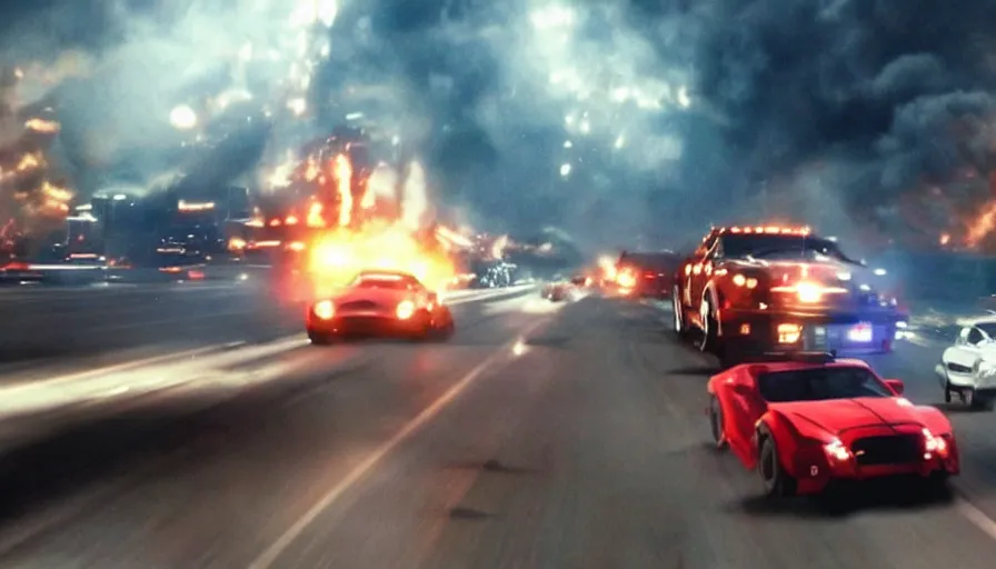 Image similar to A car chase down a busy highway, cinematic, action packed, imax, michael bay movie