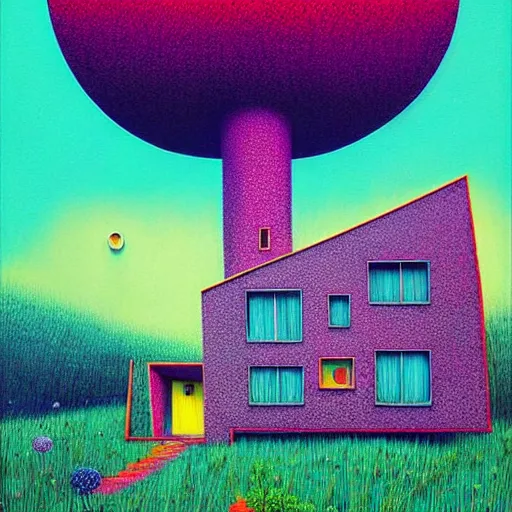 Image similar to surreal glimpse into other universe, house by som architect, summer morning, very coherent and colorful high contrast, art by!!!! gediminas pranckevicius!!!!, geof darrow, floralpunk screen printing woodblock, dark shadows, hard lighting, stipple brush technique,