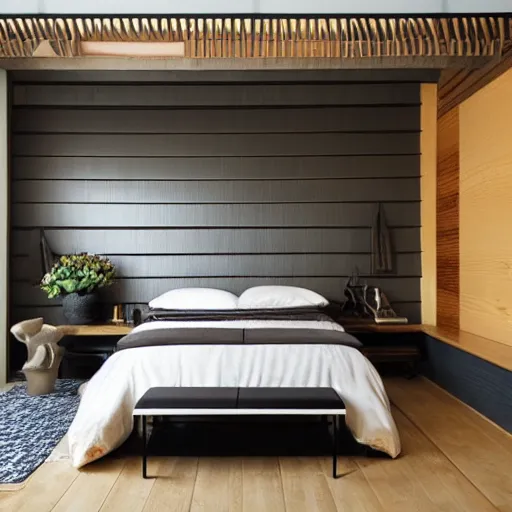 Image similar to bedroom, stone, interior design, stylish luxury hotel bedroom design, yakisugi, black vertical slatted timber, textures, feminine, black walls, art, Japanese pottery vase with flowers, kakejiku, seasonal, Japanese influences