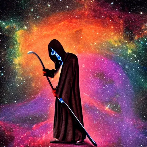 Prompt: the grim reaper holding a scythe doing skateboard tricks through a nebula, detailed, featured