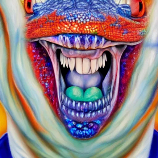 Prompt: president donald j clinton as a smiling laughing bright blue lizard person, airbrush painting, hyper detailed, 8 k, photorealism, rule of thirds, glitter.