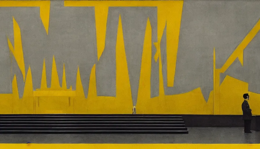 Image similar to 60s movie still of a sovietic stalinist style empty art museum with a soviet congress with yellow wall, REVOLOG KOLOR, liminal Space style, heavy grain