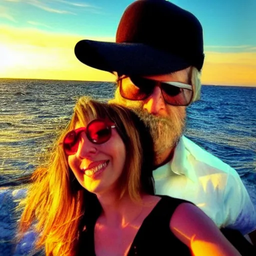 Image similar to Cthulhu photobombing a romantic selfie on a beach sunset