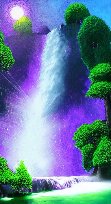 Image similar to purple planet with waterfall pixel artwork, digital art, award winning