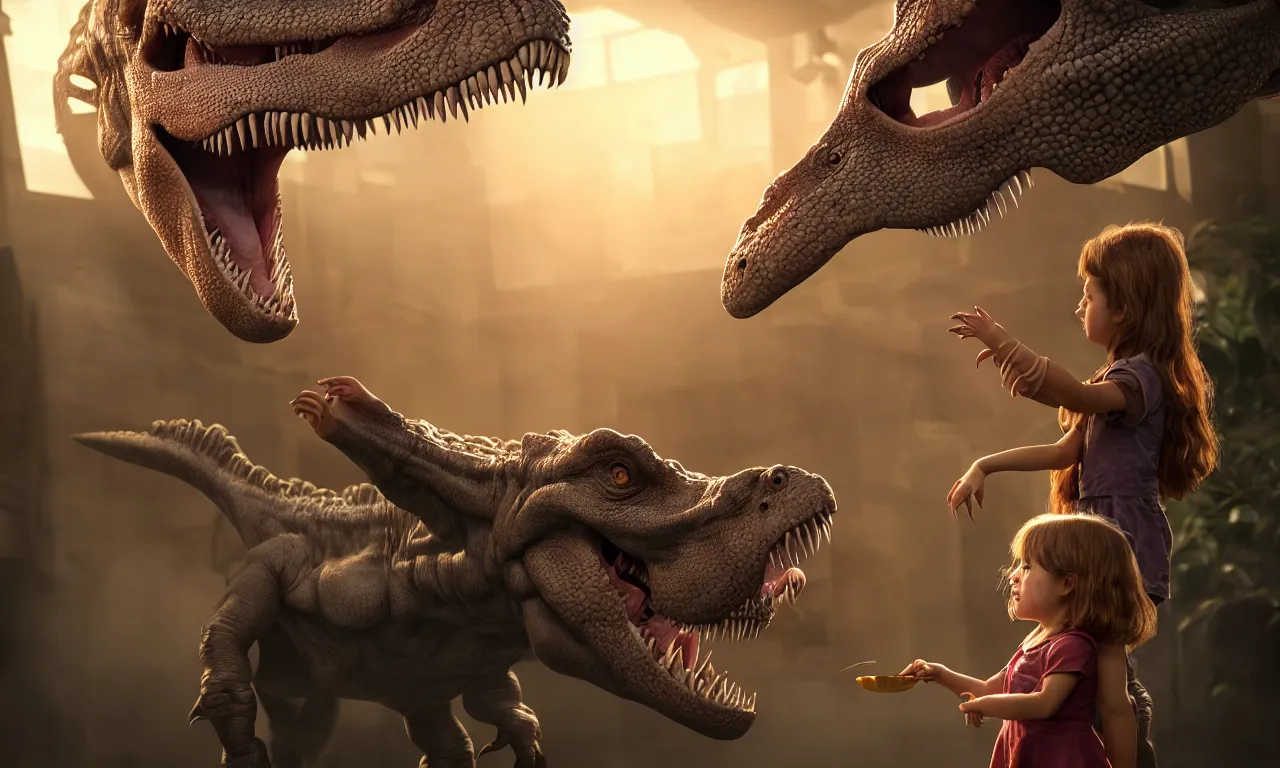 Prompt: portrait of a little girl sticking her hand through the bars and feeding a tyrannosaurus, very high details, raytracing, back light, raymarching, by ilm, by digital domain, by weta digital