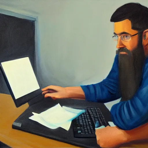 Prompt: oil portrait of minecraft steve learning how to file his taxes returns, somber, dim lighting, thick stroke