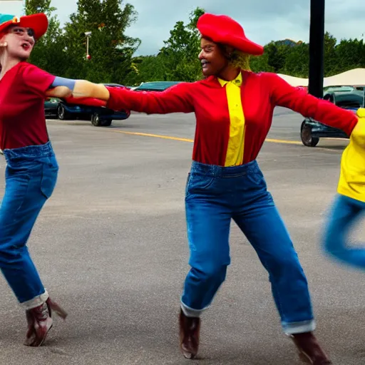 Prompt: realistic photograph of a bright yellow cat wearing 'red hat', 'green shirt' and 'blue overalls' dancing in a parking lot