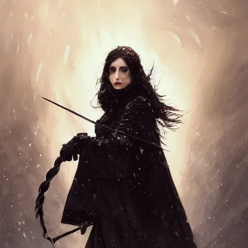 Image similar to furious dark haired women, wearing black coat, black makeup, ice mage, shooting ice, oil painting, by karl spitzweg, fantasy artwork, fantastic artwork, 4 k, trending on artstation