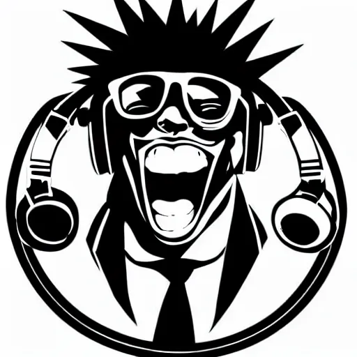 Image similar to svg vector sticker of absolutely insane-mad-scientist-villain, rocking out, wearing headphones, huge speakers, dancing, rave, DJ, spinning records, digital art, amazing composition, rule-of-thirds, award-winning, trending on artstation, featured on deviantart