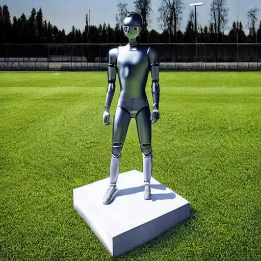 Image similar to a realistic detailed photo of a guy who is an attractive humanoid who is half robot and half humanoid, who is a male android, soccer player martin ødegaard, shiny skin, posing like a statue, blank stare, by the pool, on display, showing off his muscles, humanoid robot, frozen ice statue