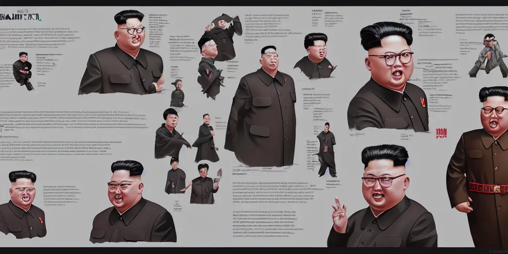 Image similar to kim jong un, character sheet, concept design, contrast, kim jung gi, greg rutkowski, zabrocki, karlkka, jayison devadas, trending on artstation, 8 k, ultra wide angle, pincushion lens effect