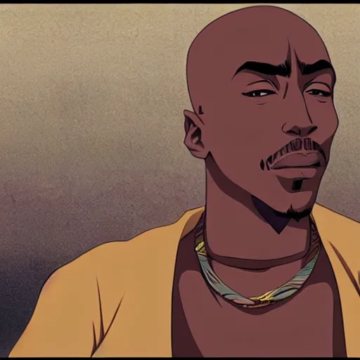 Image similar to Tupac Shakur, screenshot from a 2012s anime