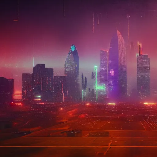 Image similar to bladerunner style dallas skyline picture, beksinski and cyberpunk 2 0 7 7 style