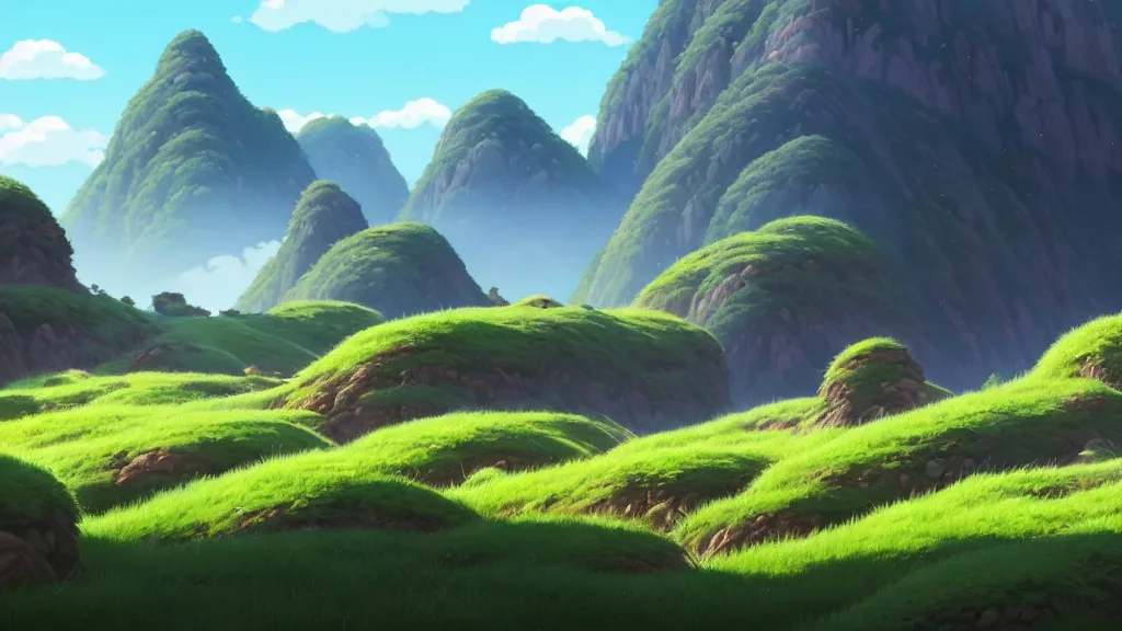 Image similar to hills and mountains landscape, studio ghibli, pixar and disney animation, sharp, rendered in unreal engine 5, highly detailed, digital painting, artstation, concept art, smooth, sharp focus, illustration, wide angle, artbook, wallpaper, splash art, promo art, dramatic lighting, art by artgerm and greg rutkowski and bo chen and jin xiaodi