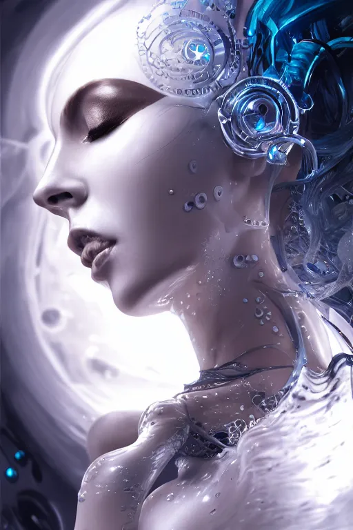 Prompt: a centered profile render of an alluring futuristic goddess with slight cyborg modifications surrounded by a underwater ink pour and flowing liquid gallium and sacred geometry, perfect body and face, powerful, cinematic, beautifully lit, by artgerm, by karol bak, 3 d, trending on artstation, octane render, 8 k