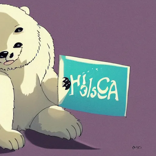 Image similar to cute anime polar bear holding a sign, studio ghibli, digital art, high quality, beautiful illustration, anime