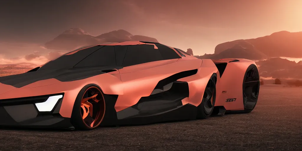 Prompt: a design of a futuristic race car, lifted off-road tires, designed by Polestar and DMC, vaporwave sunrise background, brushed red copper car paint, black windows, dark show room, dramatic lighting, hyper realistic render, depth of field