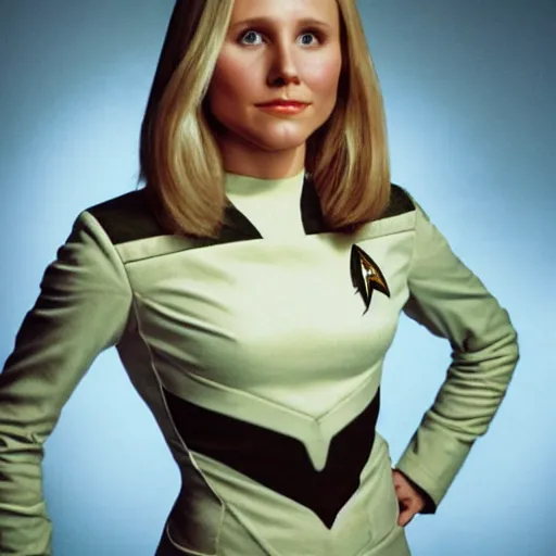 Prompt: a beautiful full body photograph of a younger kristen bell as a star fleet officer from star trek next generation, extreme realism and detail, 8 k, completely framed, direct lighting, 3 5 mm photo, photorealistic, sharp focus