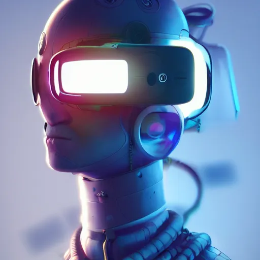 Image similar to cyberpunk concept humanoid bot, cinema 4 d, galaxy, ufo, space sci - fi, wearing vr goggles, illustration, portrait, pastel neon textured background night, trending on artstation, greg rutkowski, octane rendered, 1 2 k, detailed,