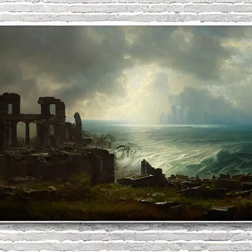 Image similar to Panorama view of a hurricane lifting the ruins of an ancient city into a sea of clouds, flying island, oil painting, by Greg Rutkowski