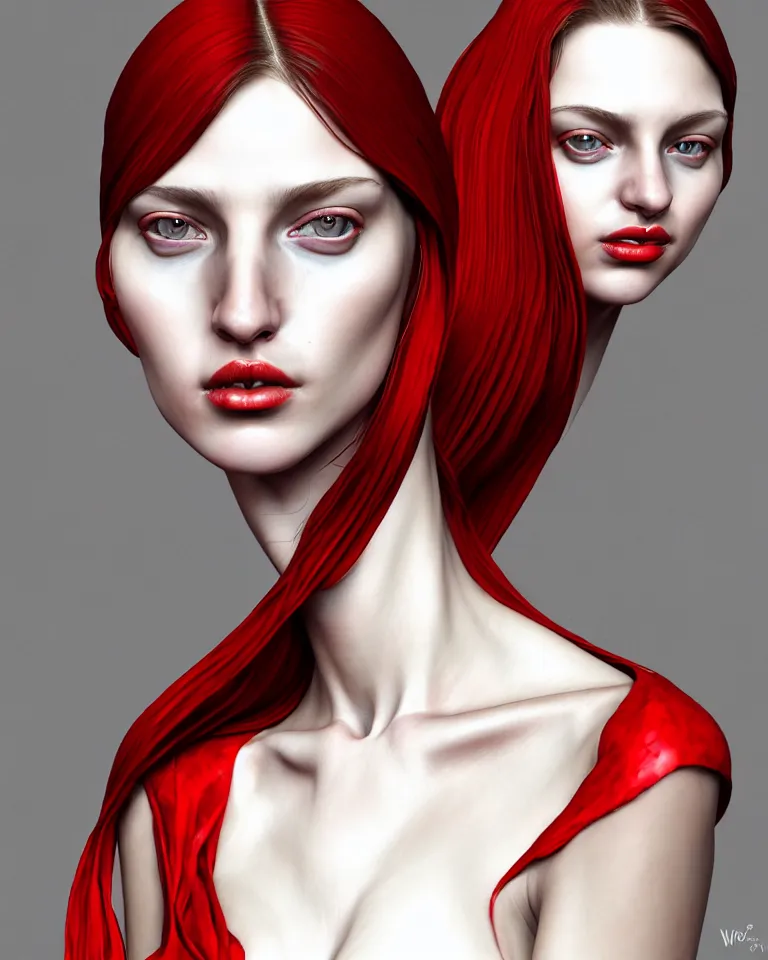 Prompt: epic professional digital portrait of gorgeous thin white woman, perfect face, armoured red dress, painted, intricate, detailed, by wayne haag, reyna rochin, iris van herpen, artstation, cgsociety, epic, stunning, gorgeous, much wow.