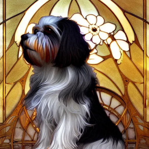 Image similar to beautiful detailed picture of a havanese dog, radiant light, art nouveau, intricate, elegant, highly detailed, my rendition, digital painting, artstation, concept art, smooth, sharp focus, illustration, art by artgerm and greg rutkowski and alphonse mucha