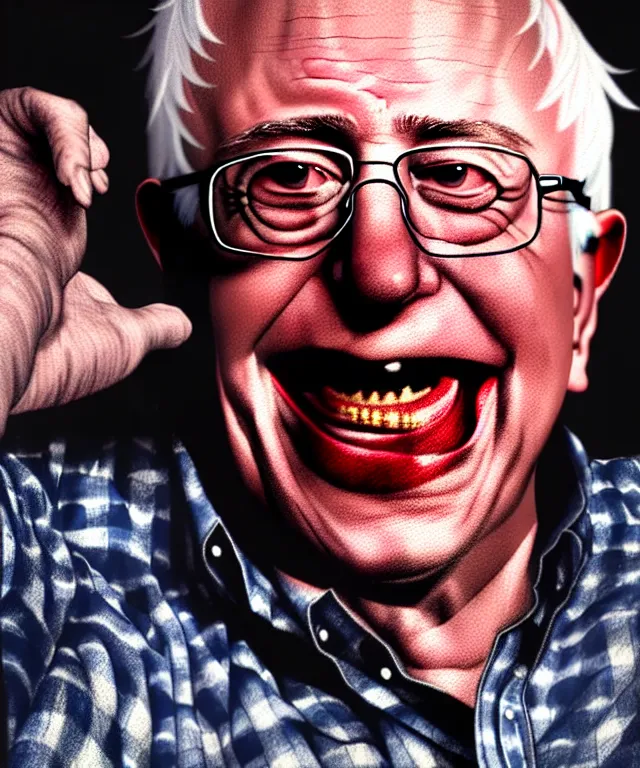 Image similar to hyperrealistic mixed media painting of Bernie Sanders as a laughing drunk, tattered plaid shirt, dimly lit dive bar, stunning 3d render inspired art by P. Craig Russell and Barry Windsor-Smith + perfect facial symmetry + dim volumetric lighting, 8k octane beautifully detailed render, post-processing, extremely hyperdetailed, intricate, epic composition, grim yet sparkling atmosphere, cinematic lighting + masterpiece, trending on artstation, very very detailed, masterpiece, stunning