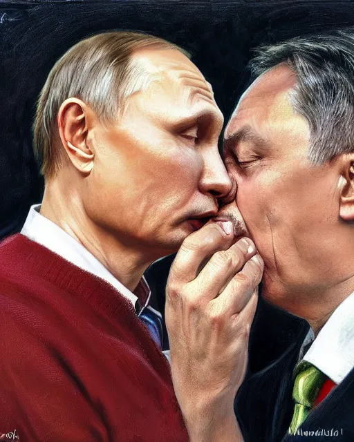 Image similar to photorealistic picture of Putin and Viktor orban kissing by Mandy Jurgens and Richard Schmid and chuck close and mucha