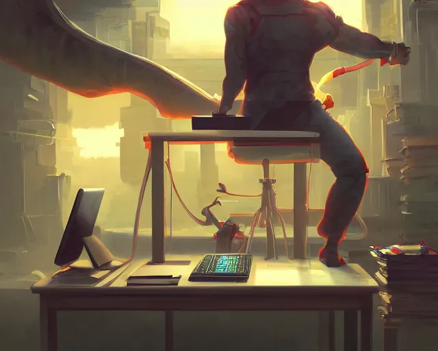 Image similar to an insanely detailed painting of a nerdy asian man wearing a superhero costume, sitting at a desk, staring at the nervously at the computer and typing, in the style of peter mohrbacher, dramatic lighting and composition, surreal background, octane render, pixar, trending on artstation, concept art, comic book, view from behind