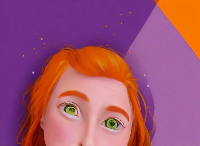 Image similar to portrait Girl with orange hair and freckles, purple background, cute-fine-face, pretty face, fine details. realistic shaded lighting by disney style,