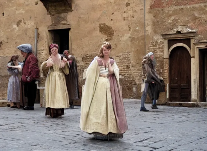 Prompt: street scene from a 2 0 1 0 film set in 1 4 5 0 florence italy showing a young noblewoman