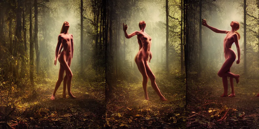 Image similar to clearing in forest, frightened woman by johannen voss by david cronenberg by francis bacon by peter kemp by octane render blender 8 k