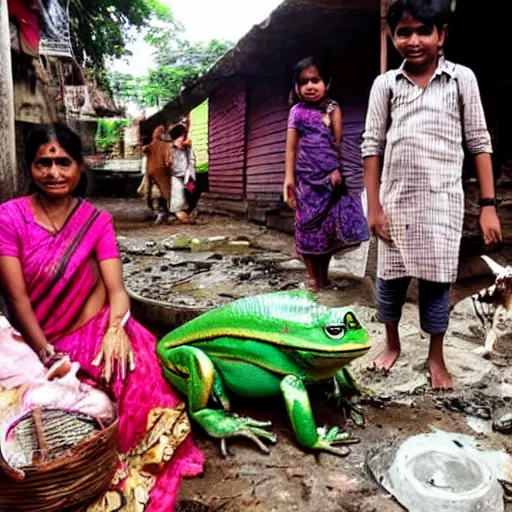 Prompt: a happy Bengali family shattered by cat faced salesmen who are afraid of being eaten alive by giant frogs