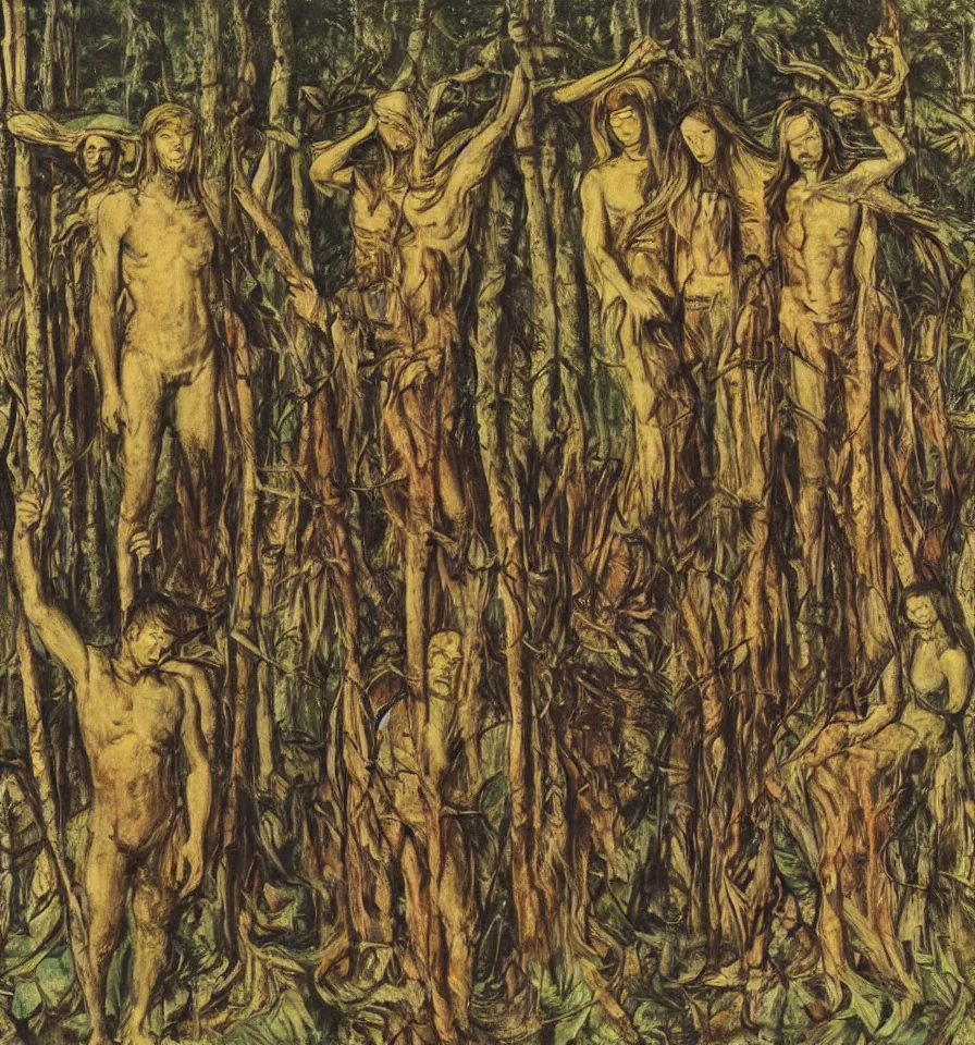 Prompt: a picture of 4 warrior angels lost in a forest painted by akseli gallen and ernst fuchs